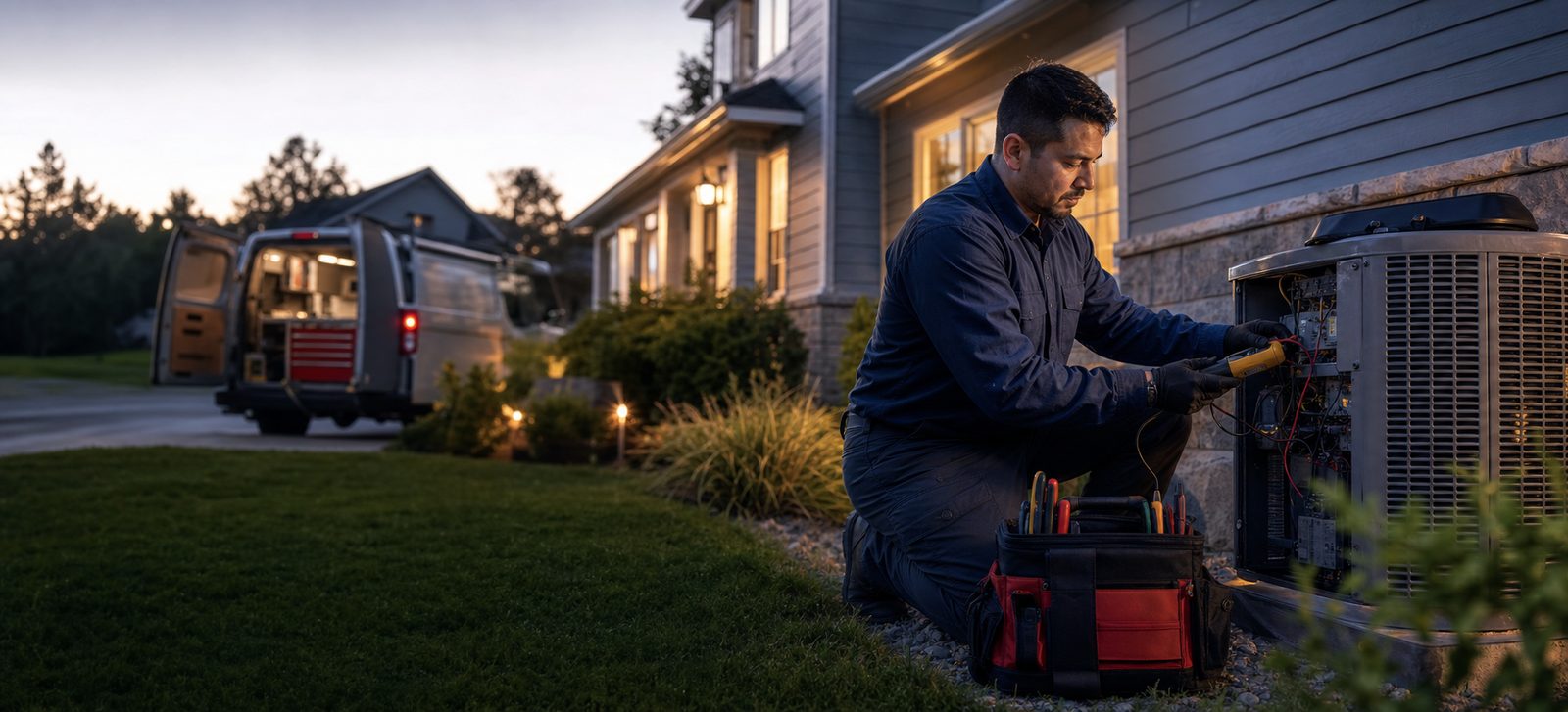 HVAC technician diagnosing an outdoor air conditioner during an evening service call